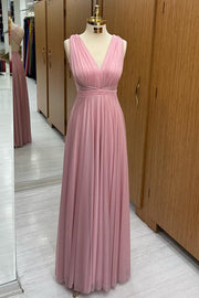 Pink V-Neck Cross-Back A-Line Long Formal Dress