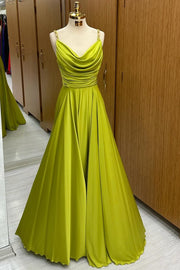 Olive Green Cowl Neck Chain Strap A-Line Long Prom Dress