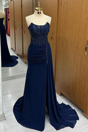 Navy Lace Beaded Strapless Long Formal Dress with Attached Train
