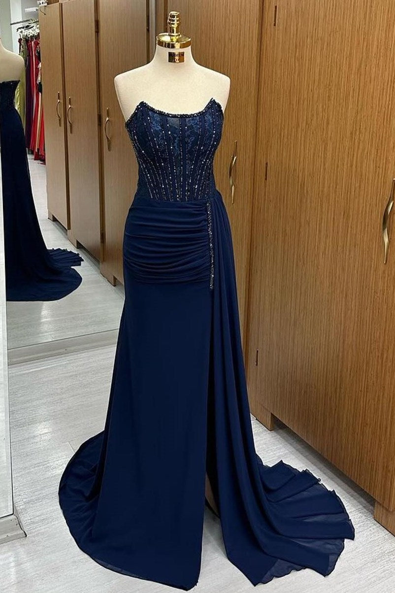green emerald velvet dress Navy Lace Beaded Strapless Long Formal Dress with Attached Train – Modsele