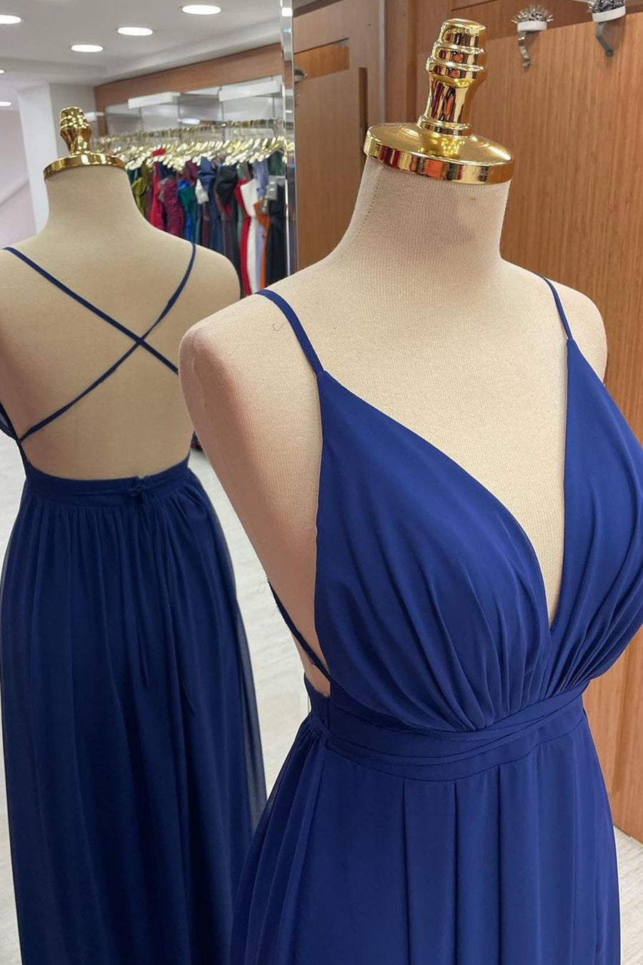 top of Royal Blue Plunge V Cross Back Maxi Dress