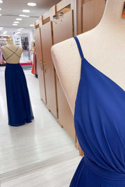 back of Royal Blue Plunge V Cross Back Maxi Dress