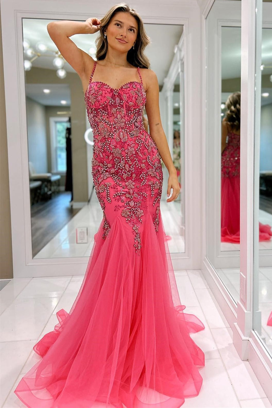 Pink Beaded Spaghetti Strap Trumpet Long Gown