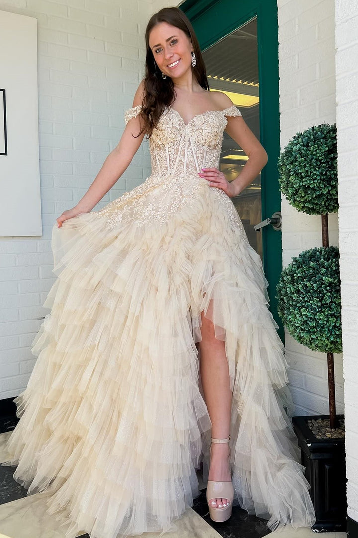 Light Blue Appliques Off-the-Shoulder Ruffle Tiered Long Prom Dress