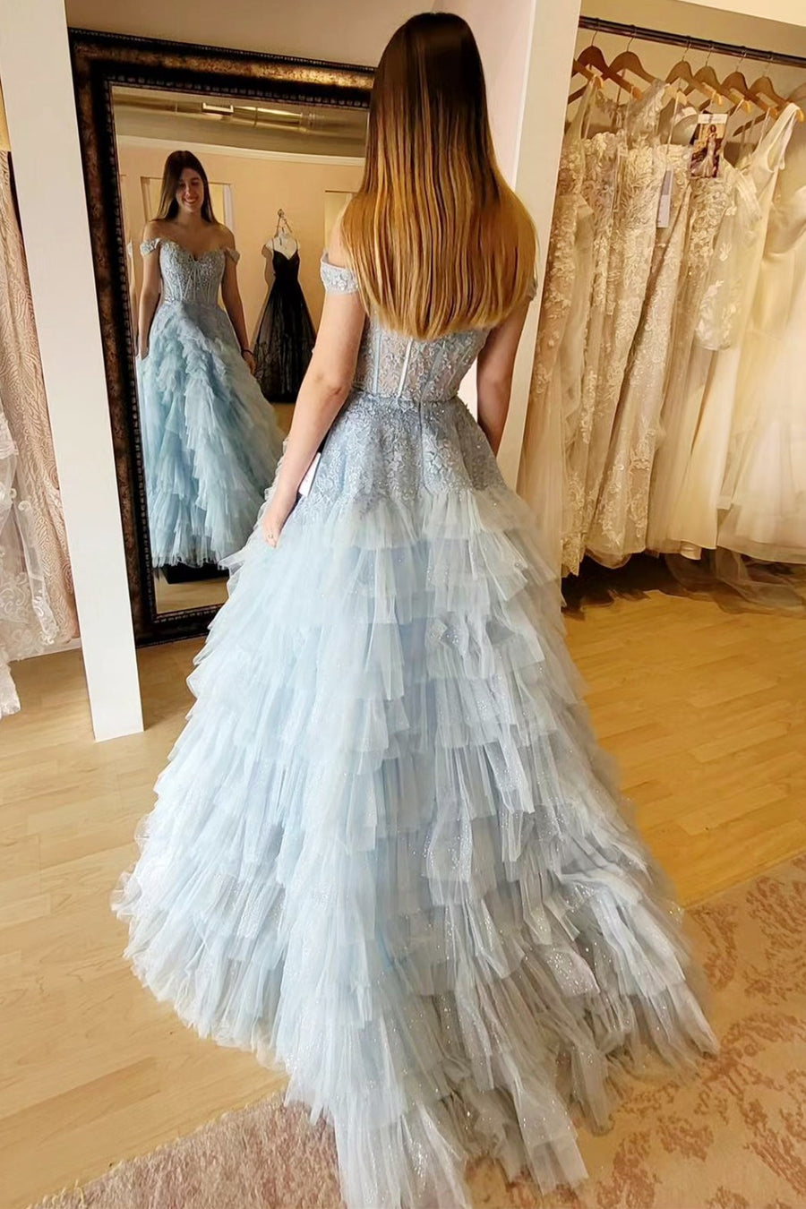Light Blue Appliques Off-the-Shoulder Ruffle Tiered Long Prom Dress