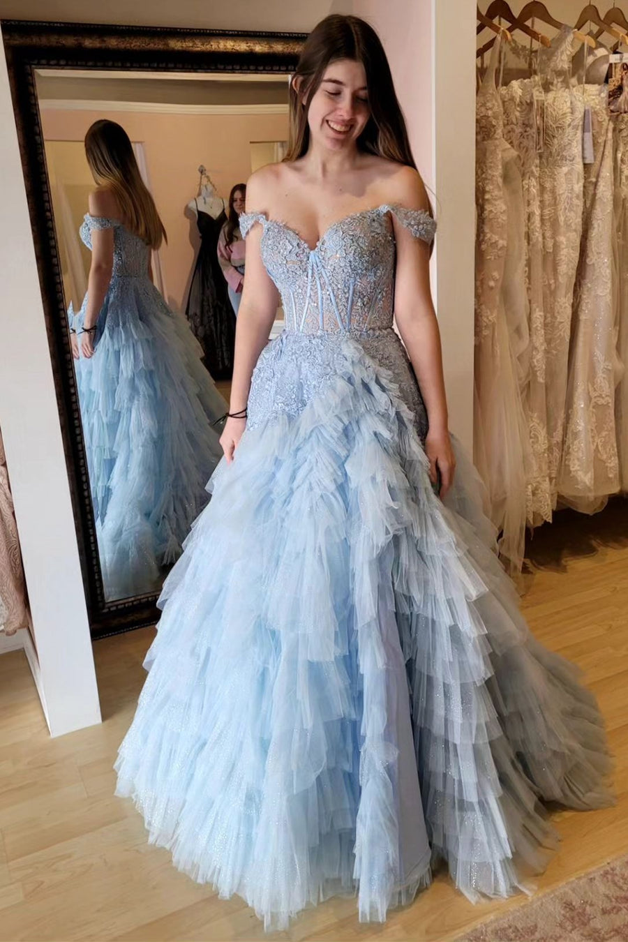 Light Blue Appliques Off-the-Shoulder Ruffle Tiered Long Prom Dress