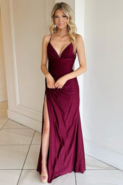 Burgundy V-Neck Lace-Up Long Formal Dress with Slit