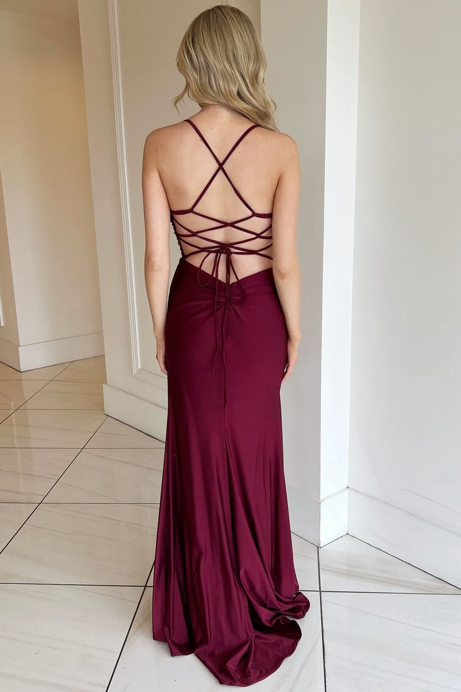 Burgundy V-Neck Lace-Up Long Formal Dress with Slit Modsele Burgundy V-Neck Lace-Up Long Formal Dress with Slit Modsele