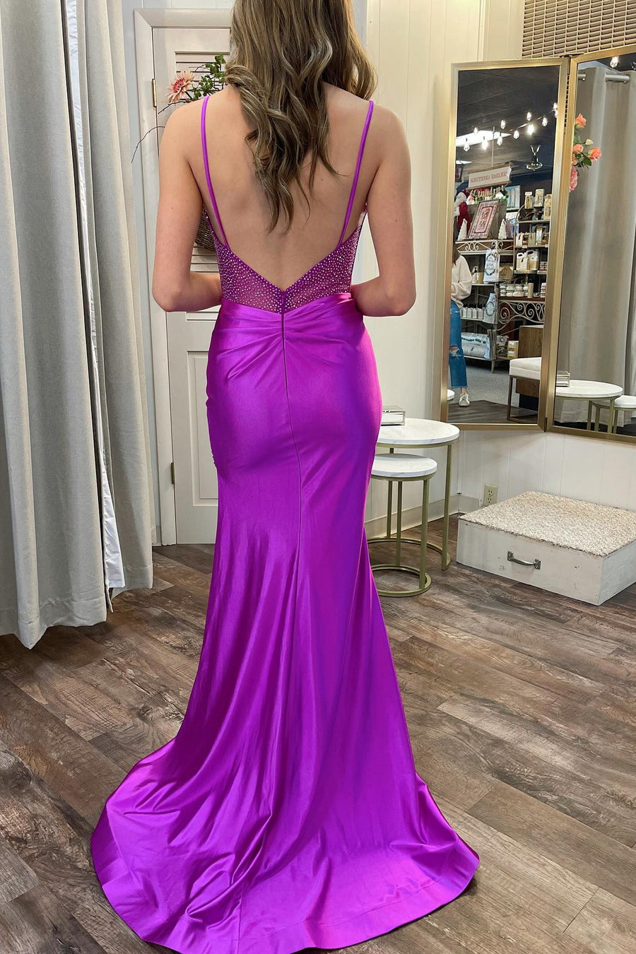 Magenta Hot Stone Spaghetti Strap Long Prom Gown with Slit