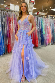 Lavender Tulle Appliques V-Neck A-Line Long Prom Dress with Slit