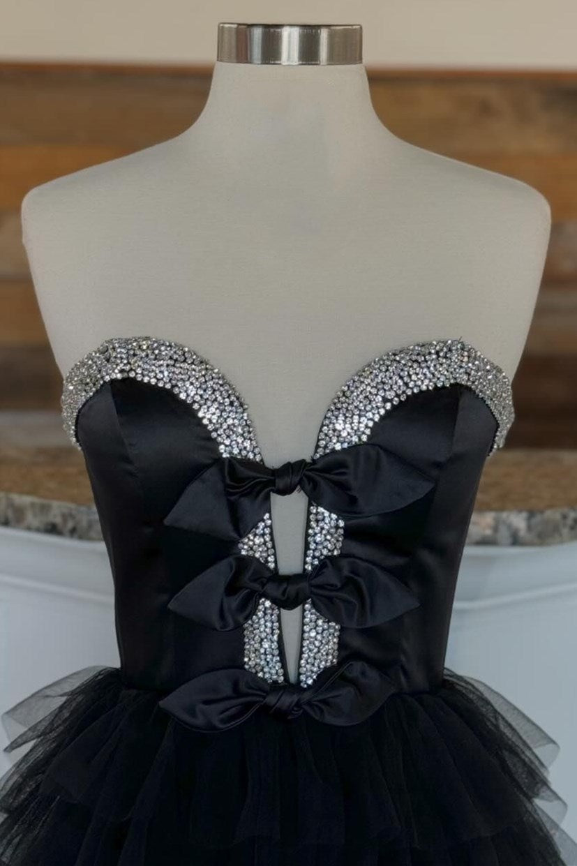 Black Strapless Bow Ruffle Long Prom Dress with Slit