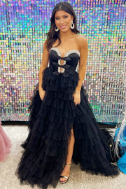 Black Strapless Bow Ruffle Long Prom Dress with Slit