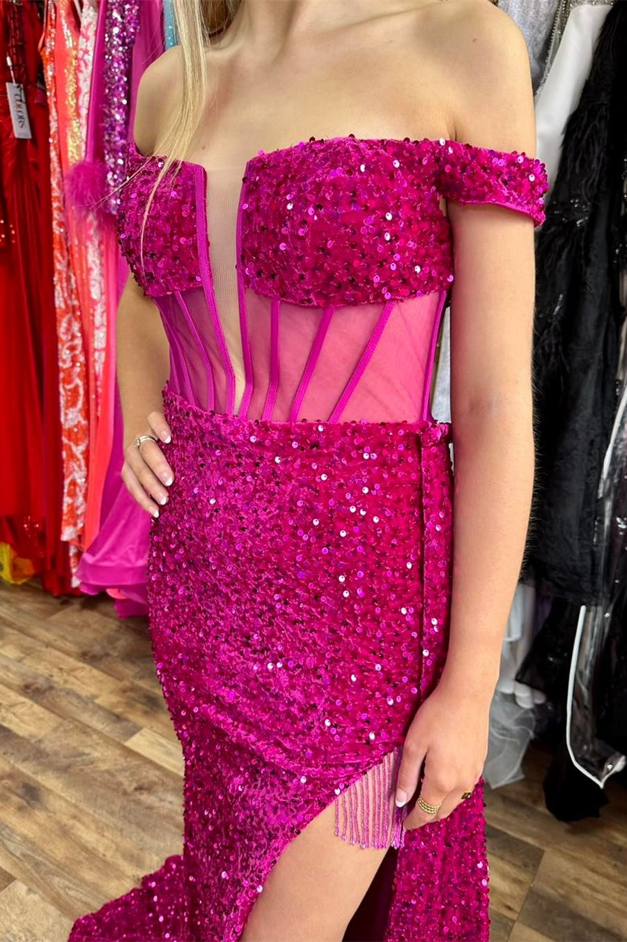 Magenta Sequin Mesh Off-the-Shoulder Long Prom Dress with Slit