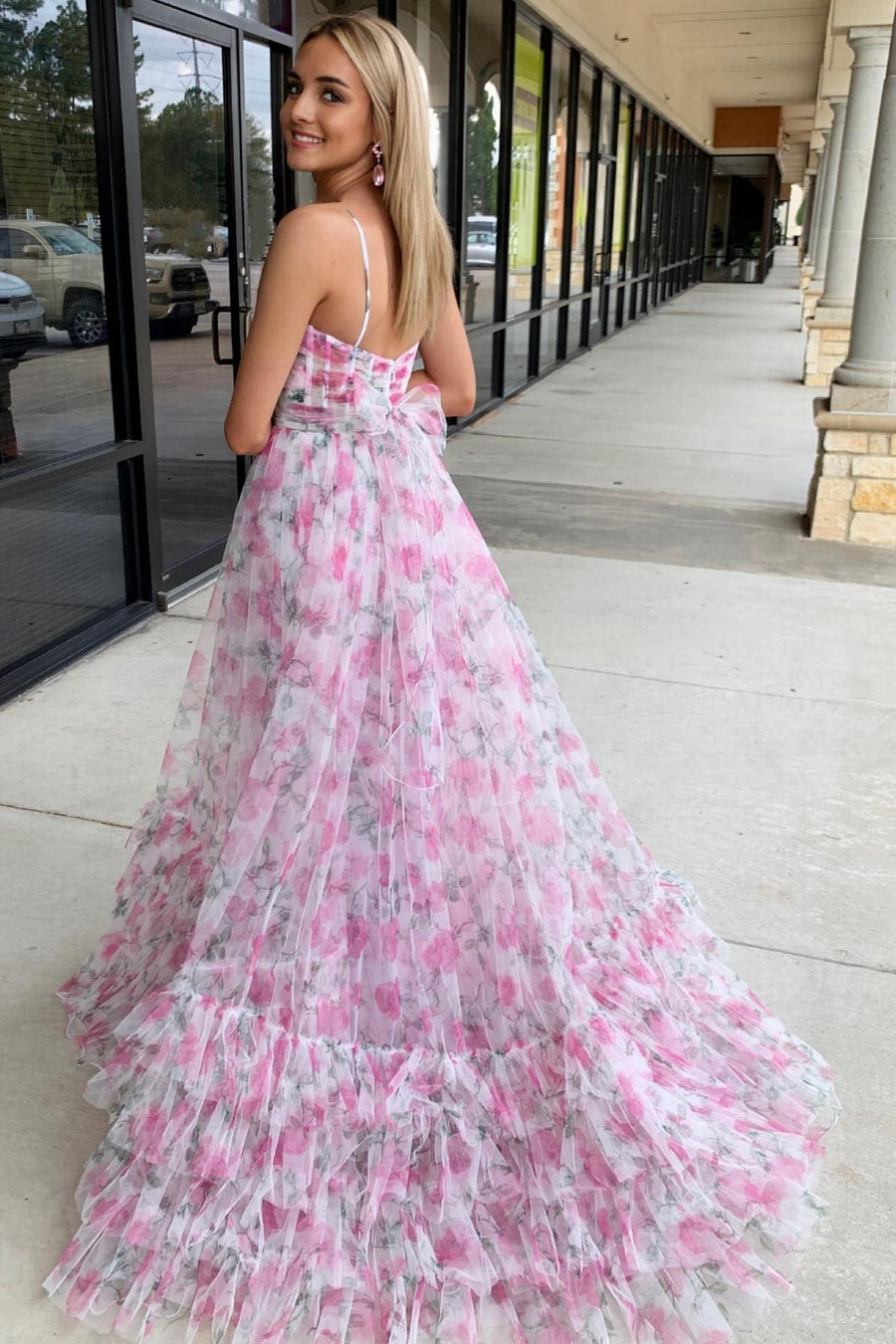 Pink Print Halter Keyhole A-Line Long Prom Dress