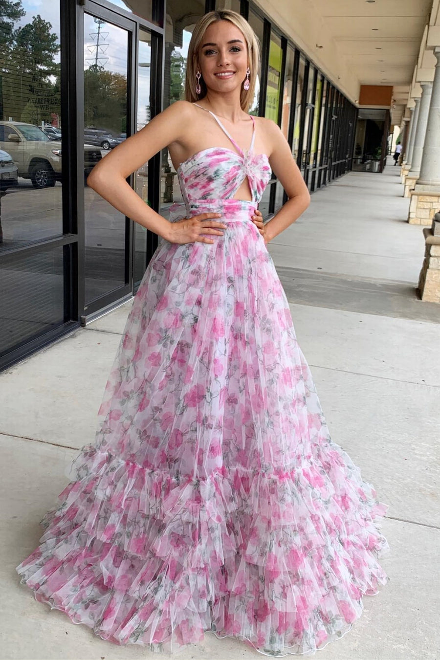 Pink Print Halter Keyhole A-Line Long Prom Dress Modsele Pink Print Halter Keyhole A-Line Long Prom Dress Modsele