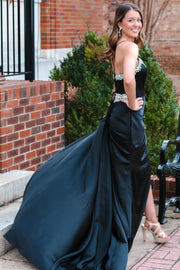 Black Rhinestone V-Neck Long Formal Dress with Attached Train