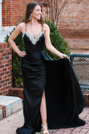 Black Rhinestone V-Neck Long Formal Dress with Attached Train