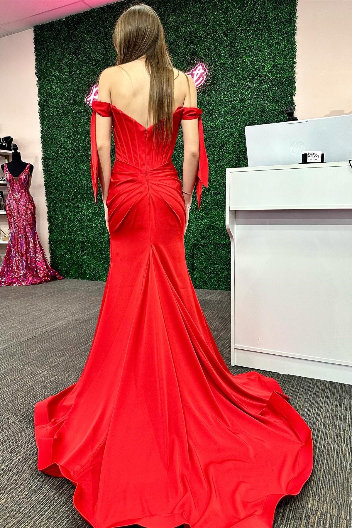 Red Off-the-Shoulder Bow Sleeve Mermaid Long Prom Dress with Slit