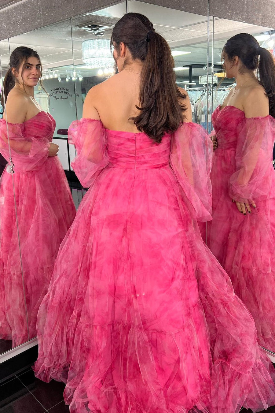 Hot Pink Print Sweetheart A-Line Long Prom Dress