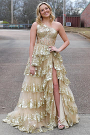 Gold Tulle Sequin One-Shoulder Ruffle Long Prom Dress with Slit