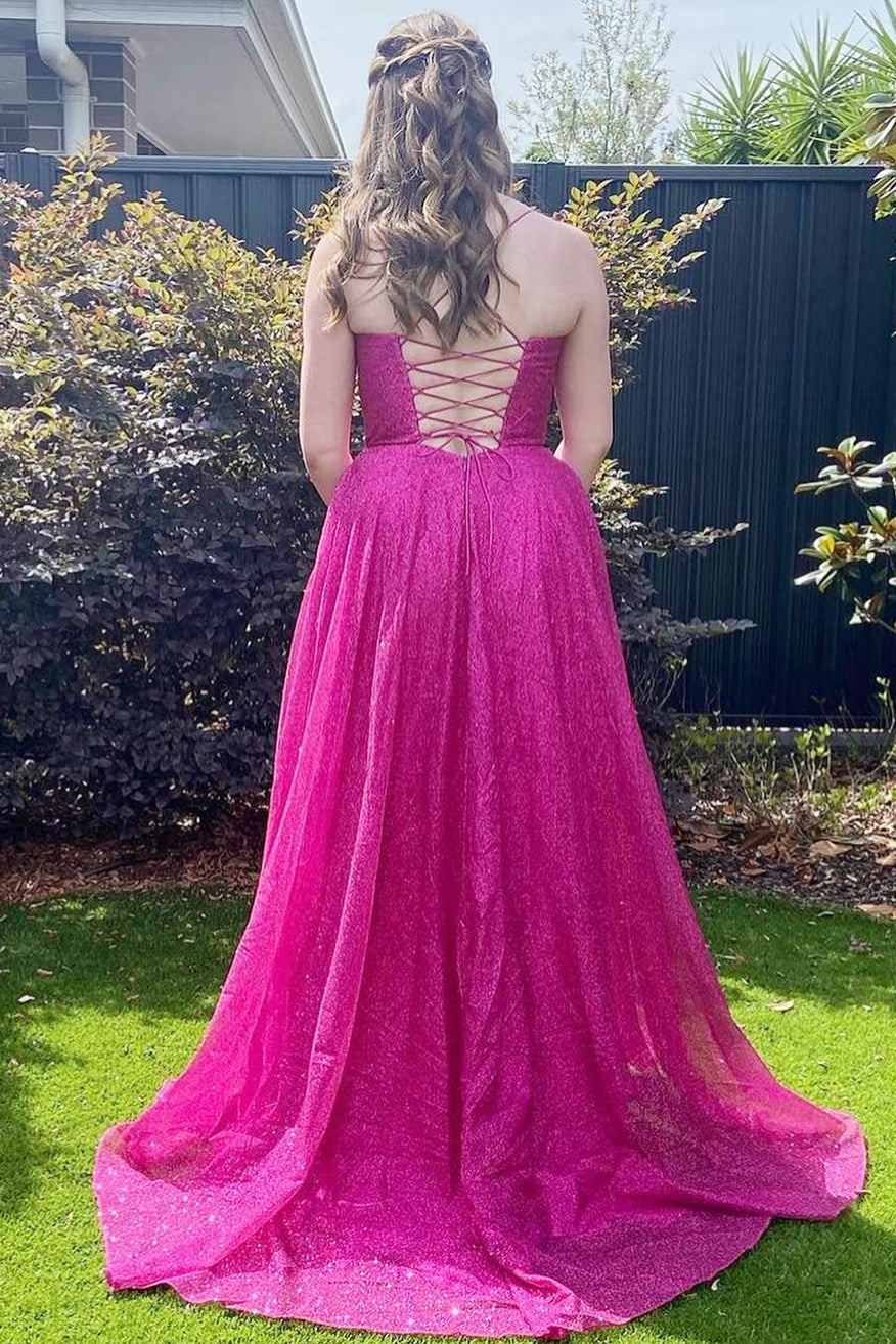 Glitter Cowl Neck Lace-Up A-Line Long Prom Dress
