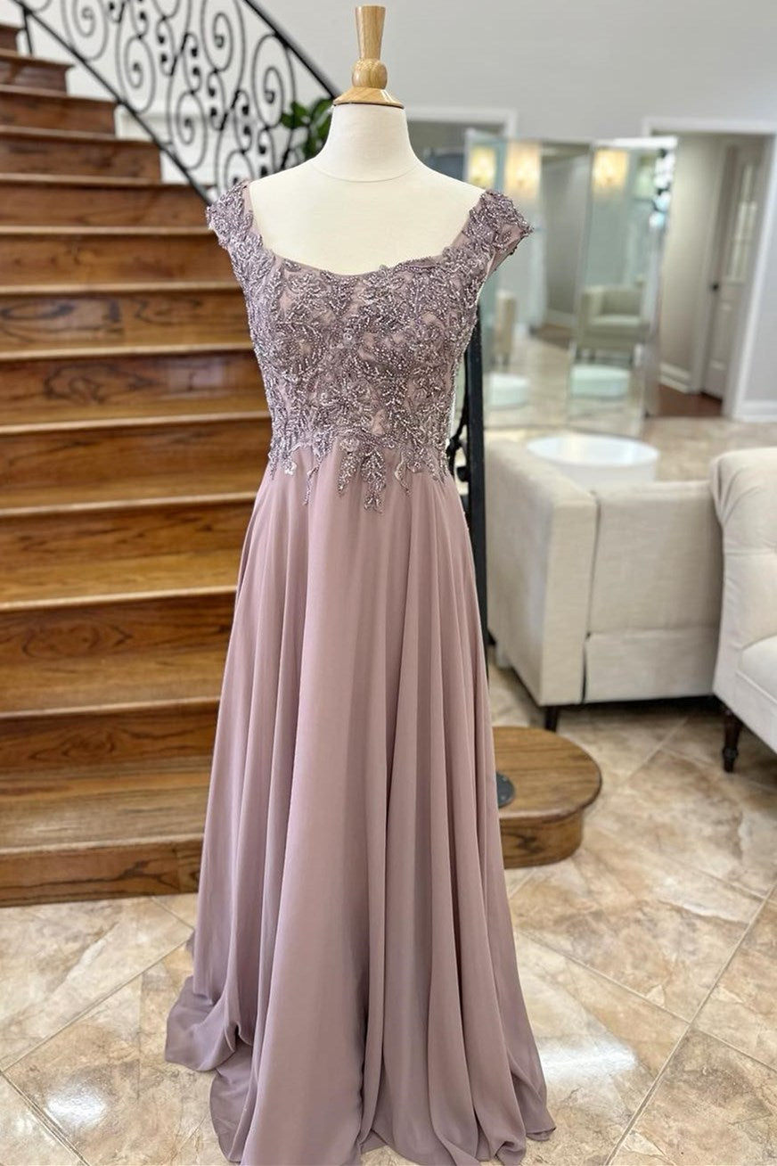 Mauve Appliques Cap Sleeve A-Line Long Formal Dress Modsele Mauve Appliques Cap Sleeve A-Line Long Formal Dress Modsele