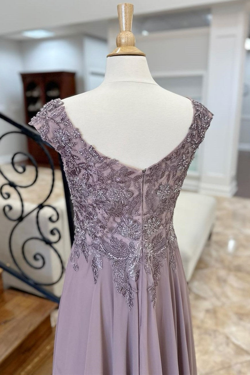 Mauve Appliques Cap Sleeve A-Line Long Formal Dress Modsele Mauve Appliques Cap Sleeve A-Line Long Formal Dress Modsele
