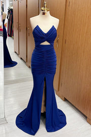 Red Strapless Twisted Knot Mermaid Long Formal Dress with Slit