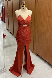 Red Strapless Twisted Knot Mermaid Long Formal Dress with Slit