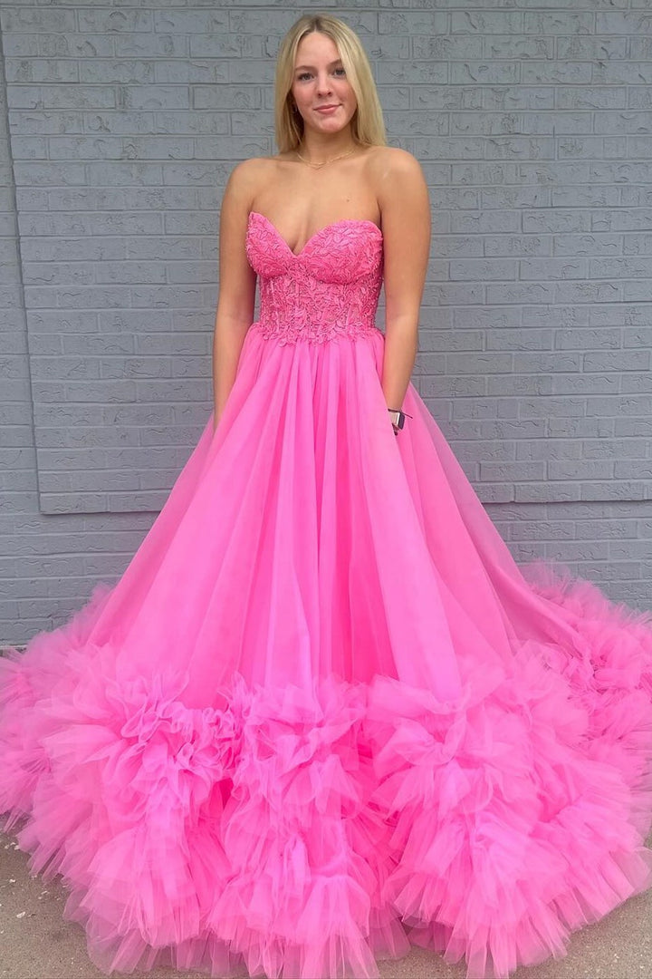 Red Tulle Appliques Sweetheart Ruffle Long Prom Dress