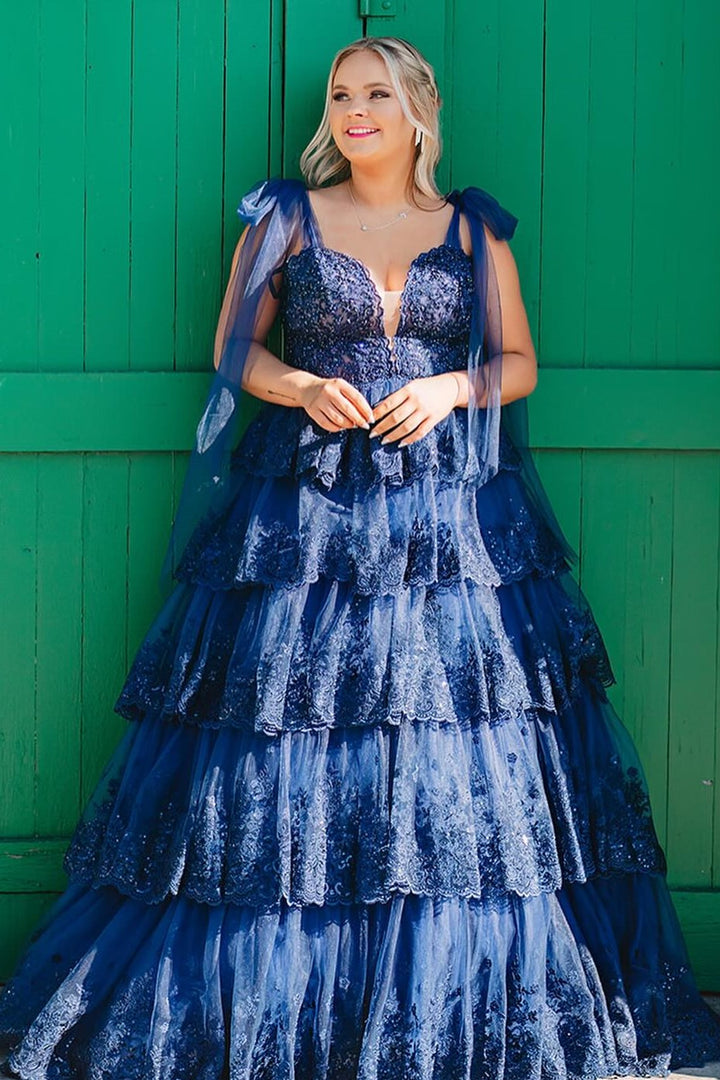 Light Blue Tulle Appliques Tying Strap Ruffle Tiered Long Prom Dress