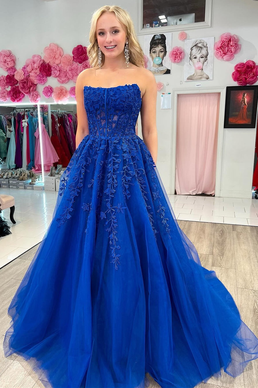 Aqua Blue Appliques Strapless A-Line Long Prom Dress