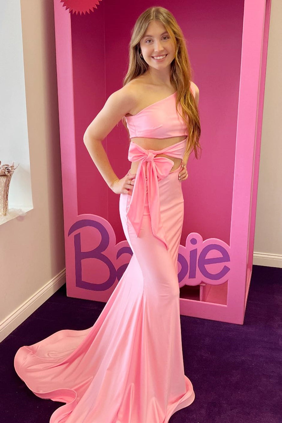 Pink One-Shoulder Cutout Trumpet Long Prom Dress