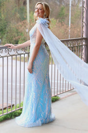 Light Blue Mesh Sequin Lace One-Shoulder Long Formal Dress