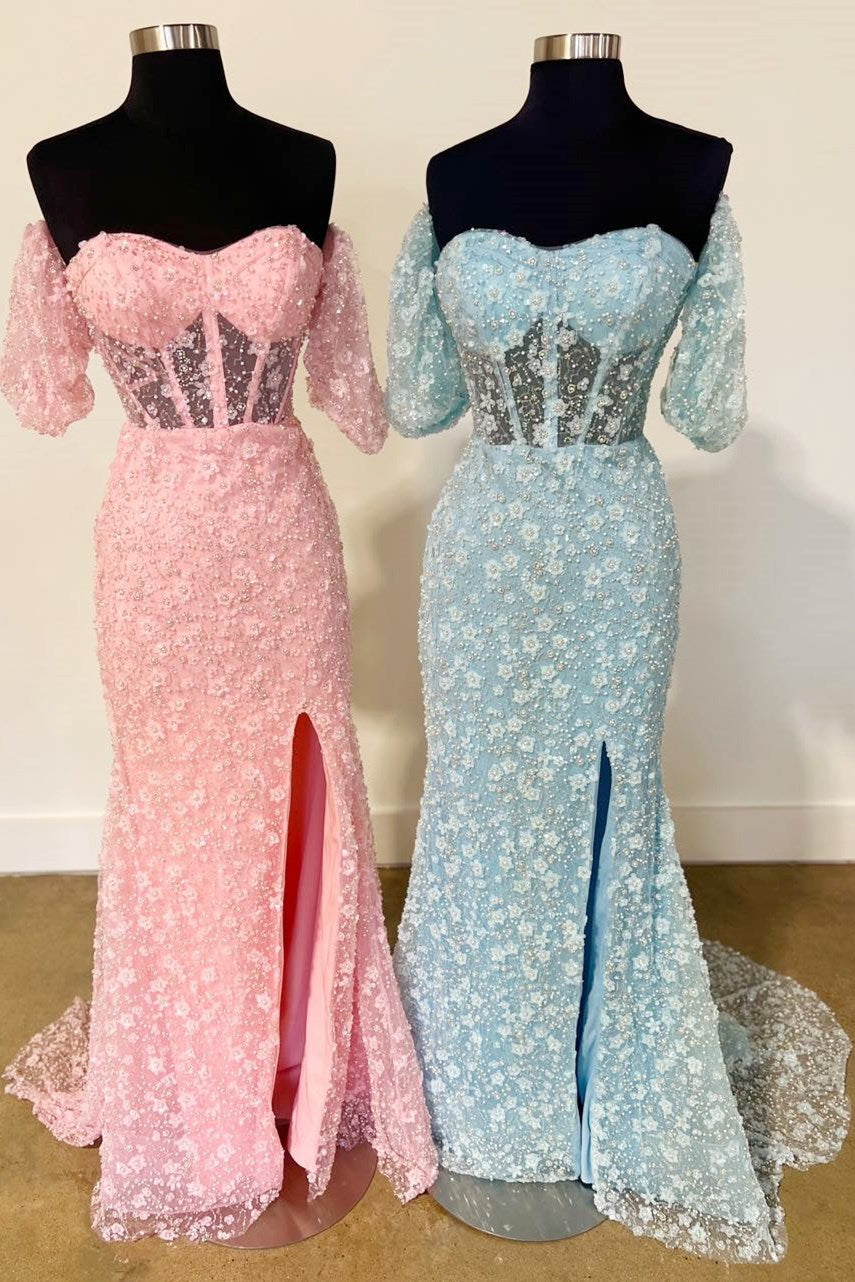 fitted lace wedding dress Pink 3D Floral Lace Sweetheart Mermaid Long Prom Dress with Slit – Modsele