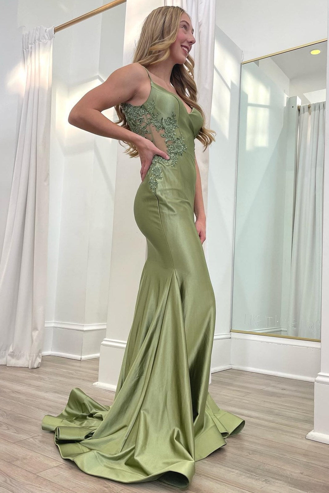 Sage Green Spaghetti Strap Backless Trumpet Long Gown