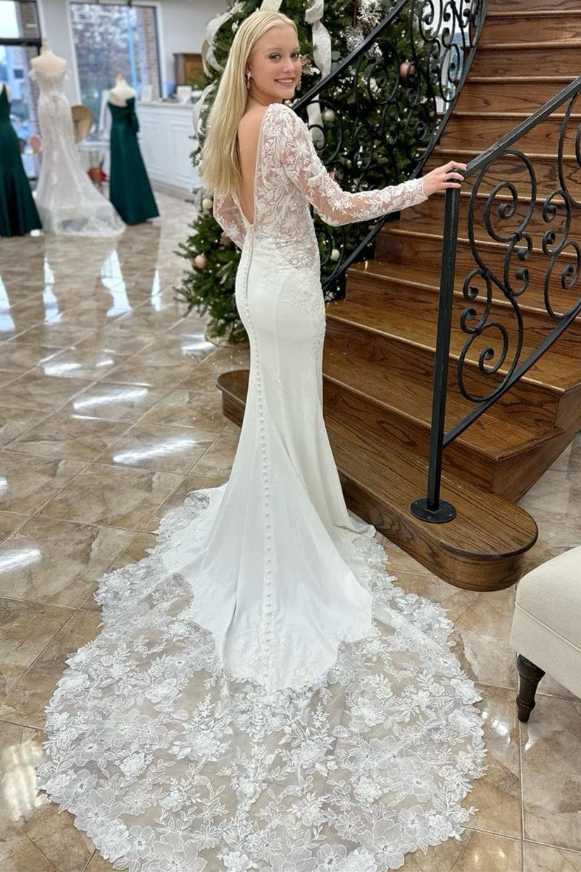 White Appliques Plunge V Mermaid Bridal Gown with Long Sleeves