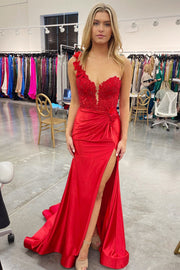 Red One-Shoulder 3D Floral Lace Pleated Long Gown with Slit
