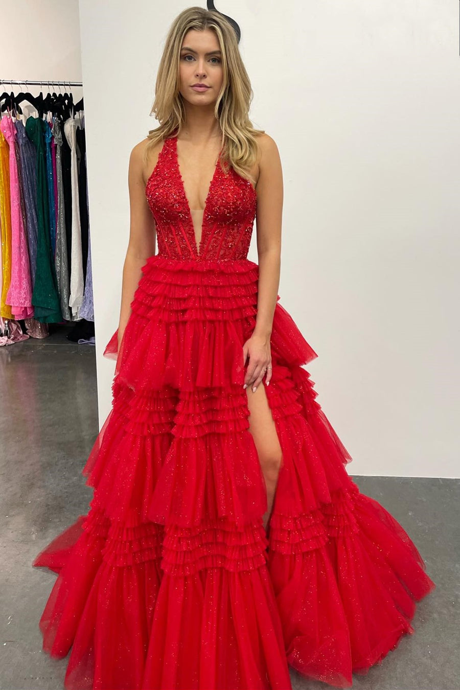 Red Tulle Appliques Halter Ruffle Tiered Ball Gown