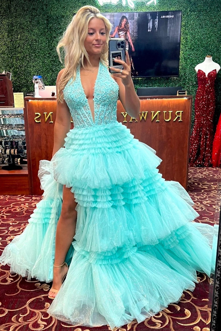Red Tulle Appliques Halter Ruffle Tiered Ball Gown