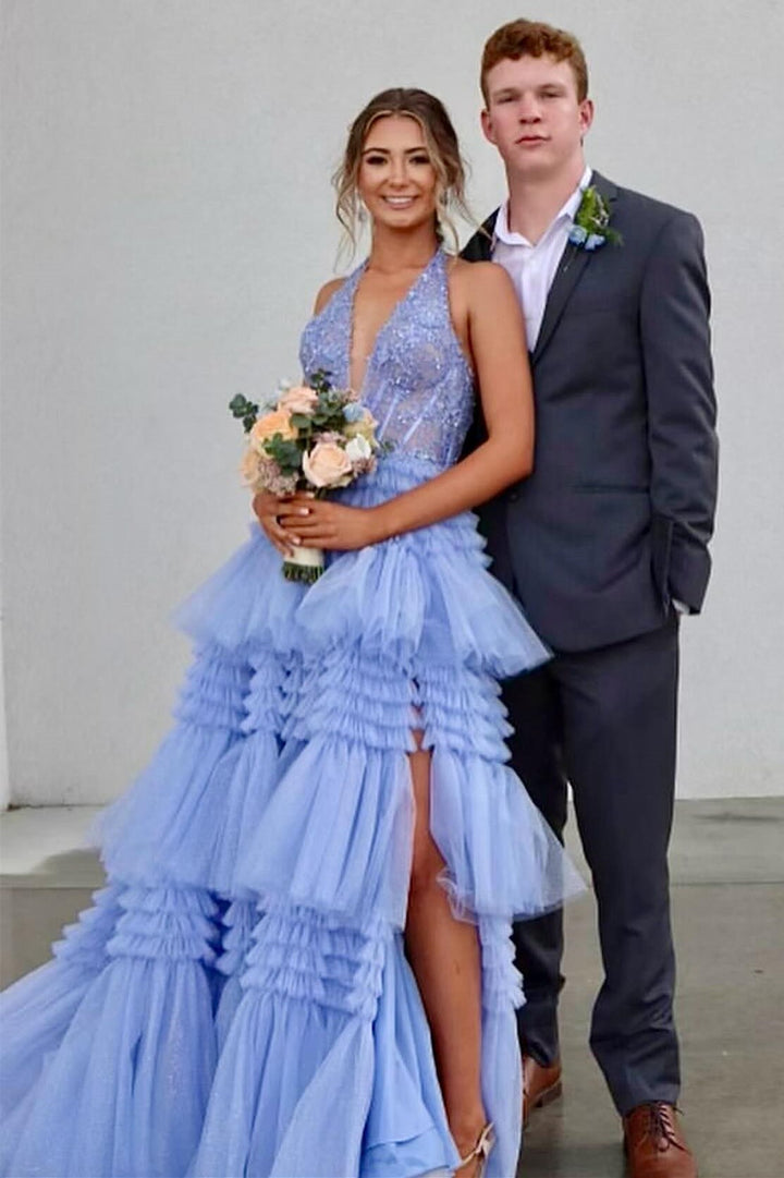 Red Tulle Appliques Halter Ruffle Tiered Ball Gown