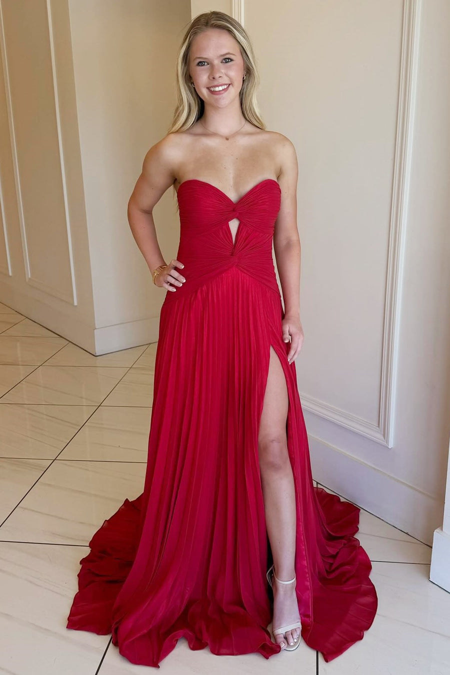 red strapless keyhole long dress