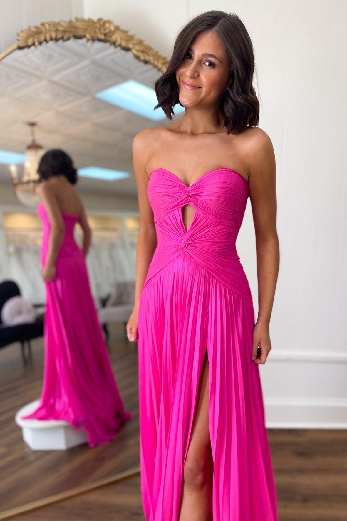 Strapless Keyhole Pleated A-Line Prom Dress in hot pink