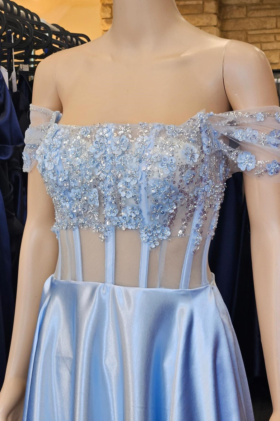 Lavender 3D Floral Lace Off-the-Shoulder A-Line Long Prom Dress