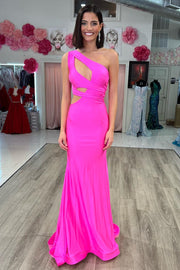 Hot Pink One-Shoulder Cutout Mermaid Long Formal Dress