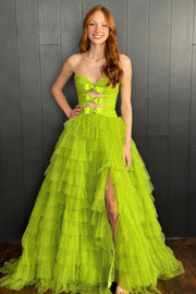Polka Dot Strapless Ruffle Tiered Prom Gown with Keyholes