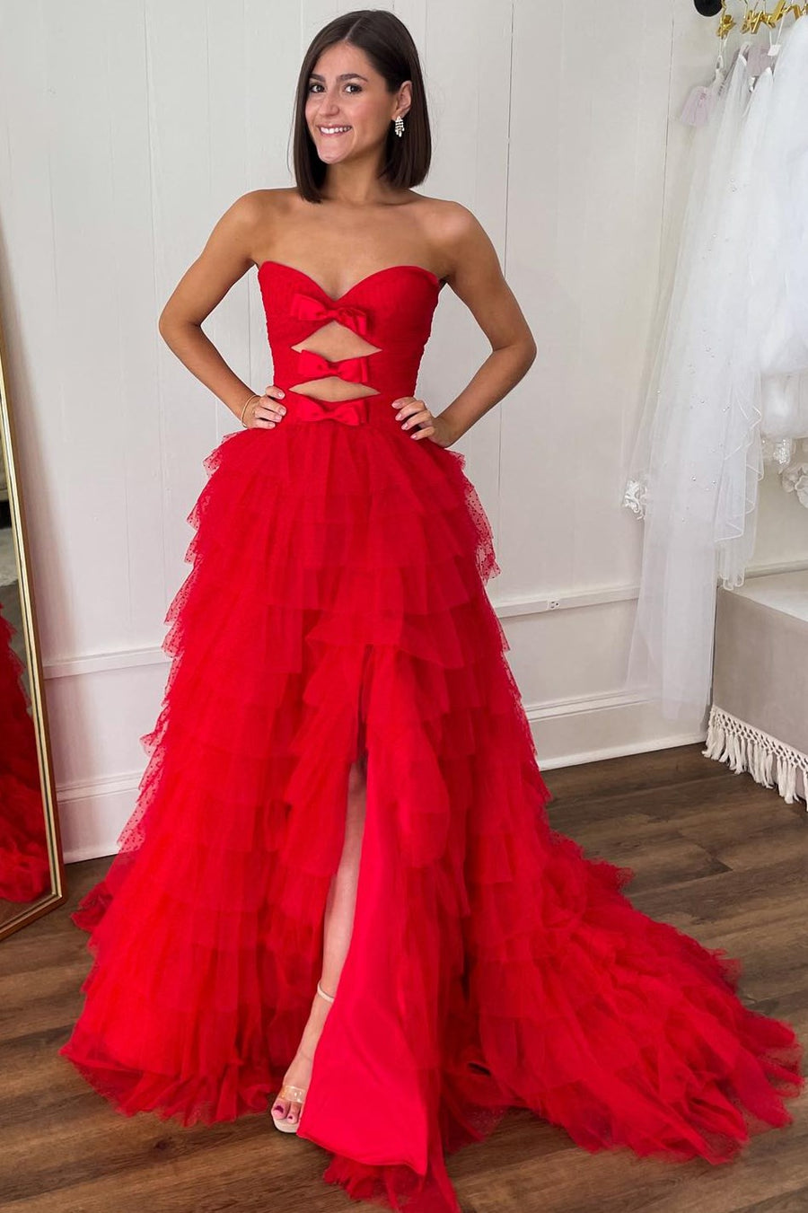 Polka Dot Strapless Ruffle Tiered Prom Gown with Keyholes Modsele Polka Dot Strapless Ruffle Tiered Prom Gown with Keyholes Modsele