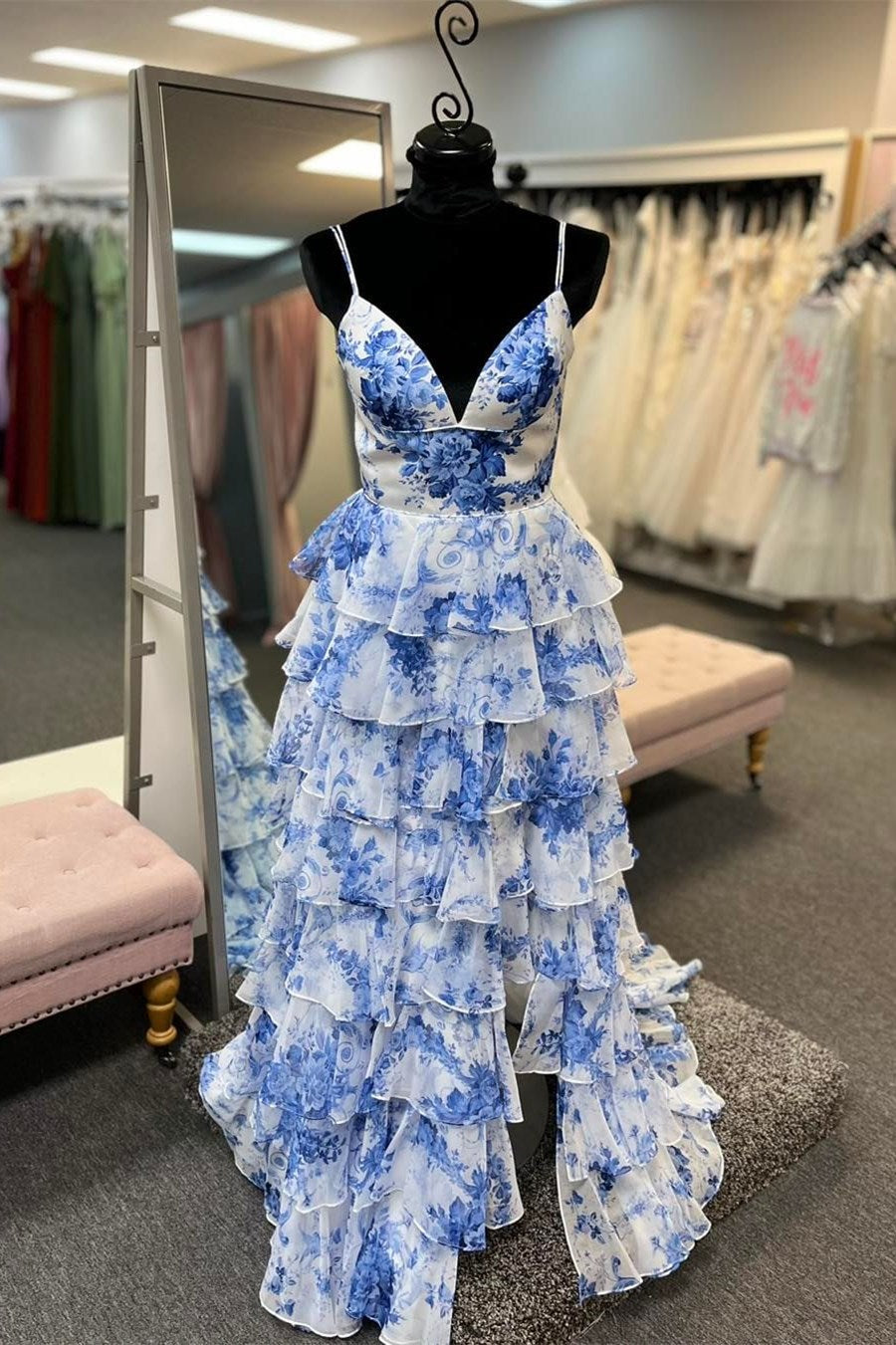 Blue Print V-Neck Ruffle Tiered Long Dress with Slit Modsele Blue Print V-Neck Ruffle Tiered Long Dress with Slit Modsele