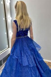 Royal Blue Sequin Beaded Multi-Layer Ruffle Girl Pageant Gown