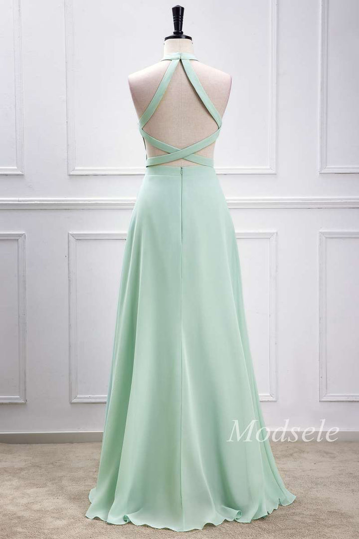 Sage Green Halter Maxi Dress with Slit